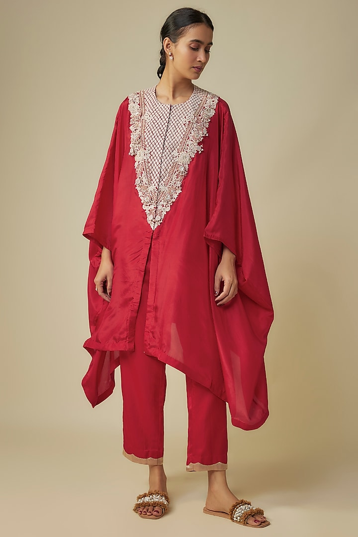 Red Habutai Silk Resham Work Kaftan Set by Prisho at Pernia's Pop Up Shop