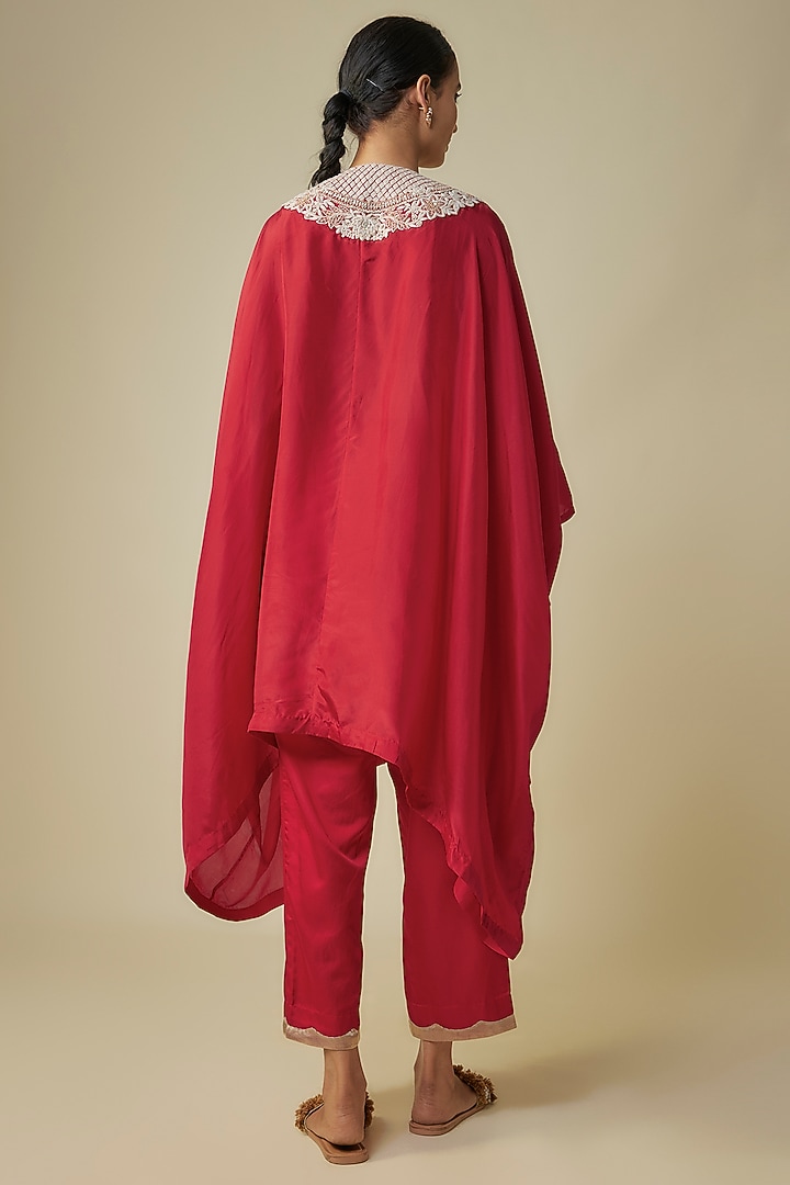 Red Habutai Silk Resham Work Kaftan Set by Prisho at Pernia's Pop Up Shop
