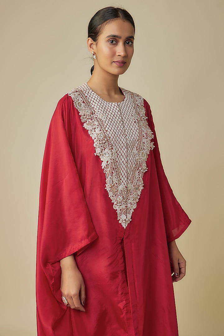 Red Habutai Silk Resham Work Kaftan Set by Prisho at Pernia's Pop Up Shop