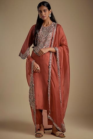 Deep Orange Organza Silk Maal Work Kurta Set by Prisho