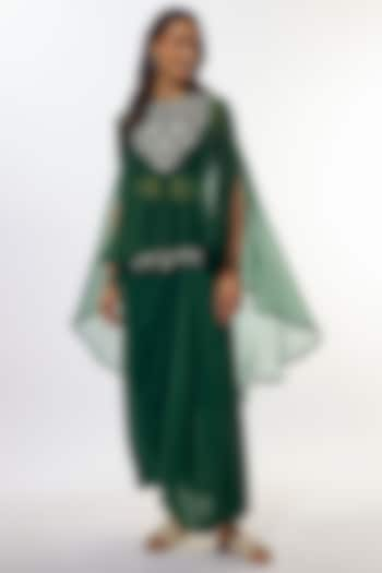 Bottle Green Organza Resham Work Kaftan Set by Prisho at Pernia's Pop Up Shop