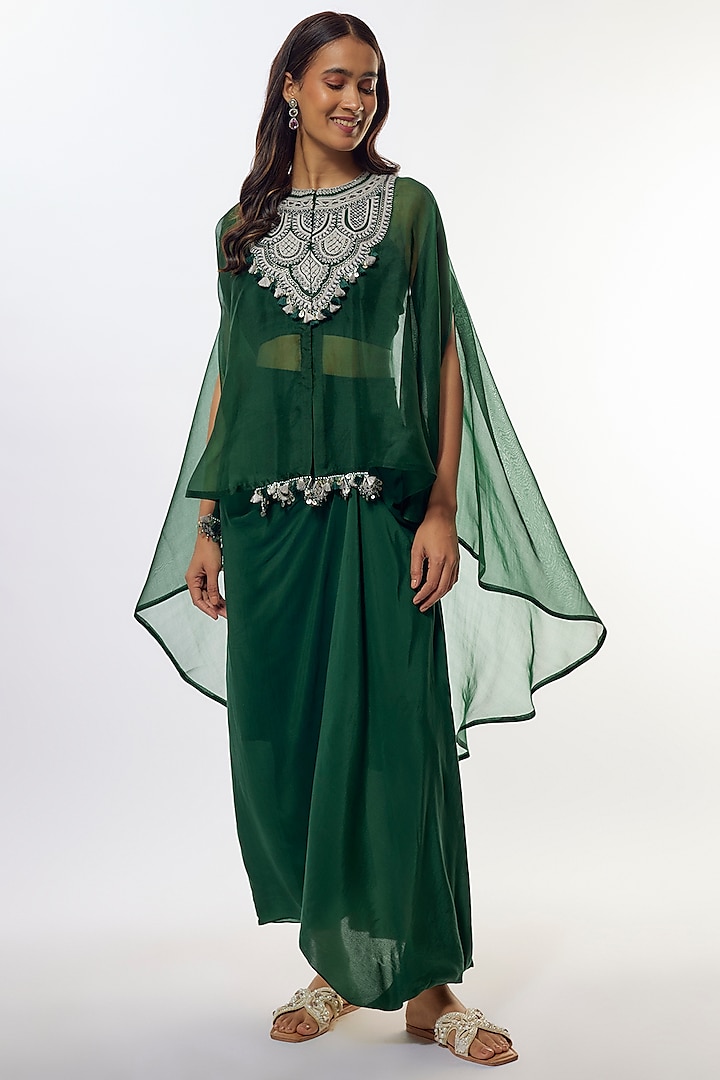 Bottle Green Organza Resham Work Kaftan Set by Prisho at Pernia's Pop Up Shop