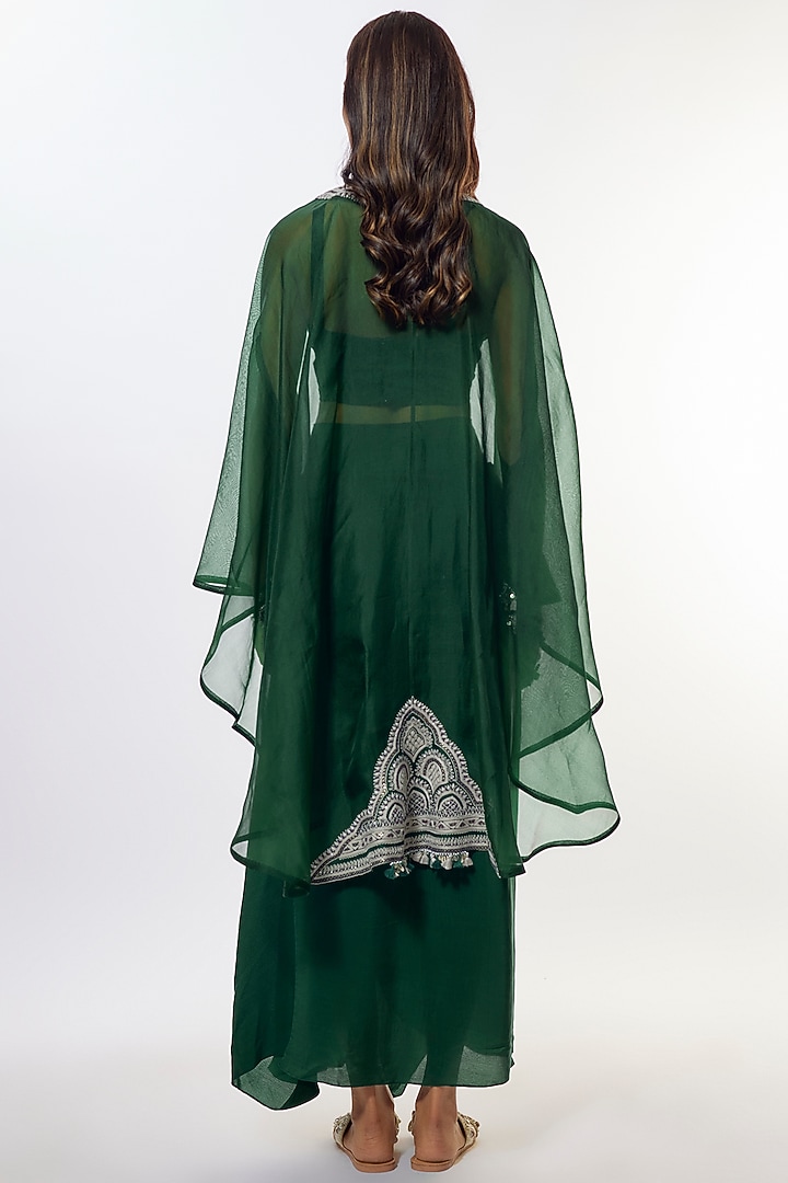 Bottle Green Organza Resham Work Kaftan Set by Prisho at Pernia's Pop Up Shop