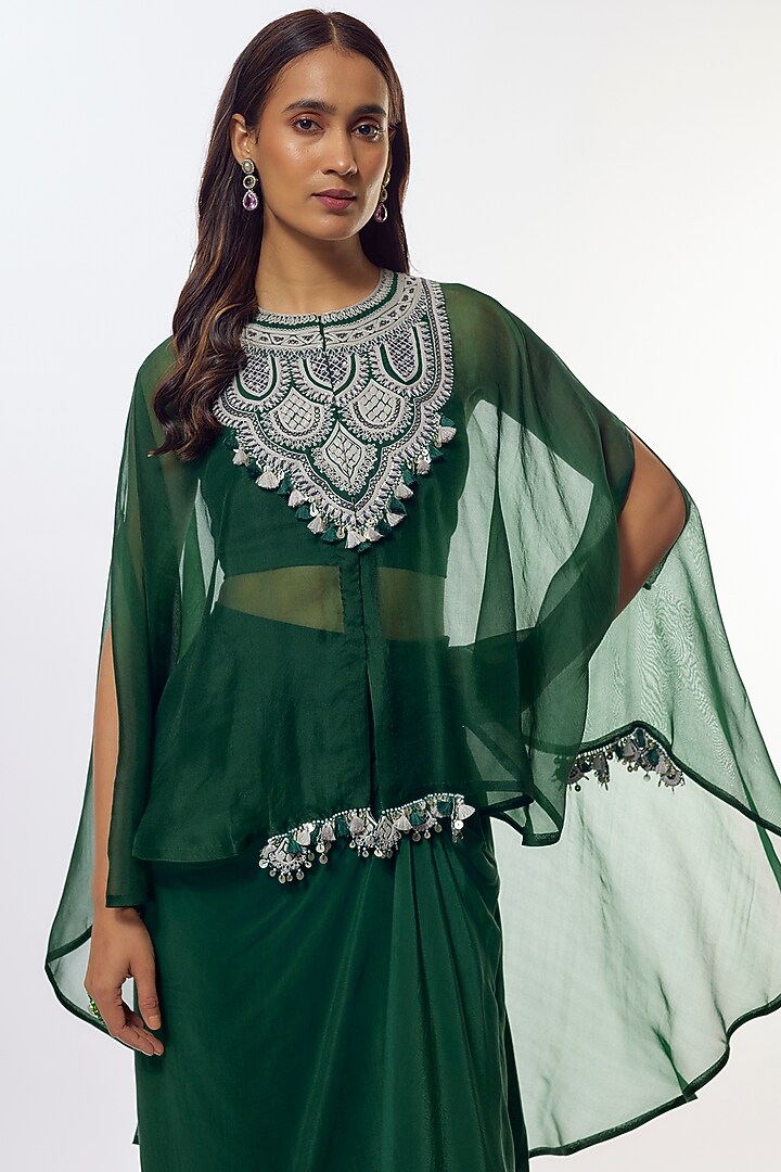 Bottle Green Organza Resham Work Kaftan Set by Prisho at Pernia's Pop Up Shop