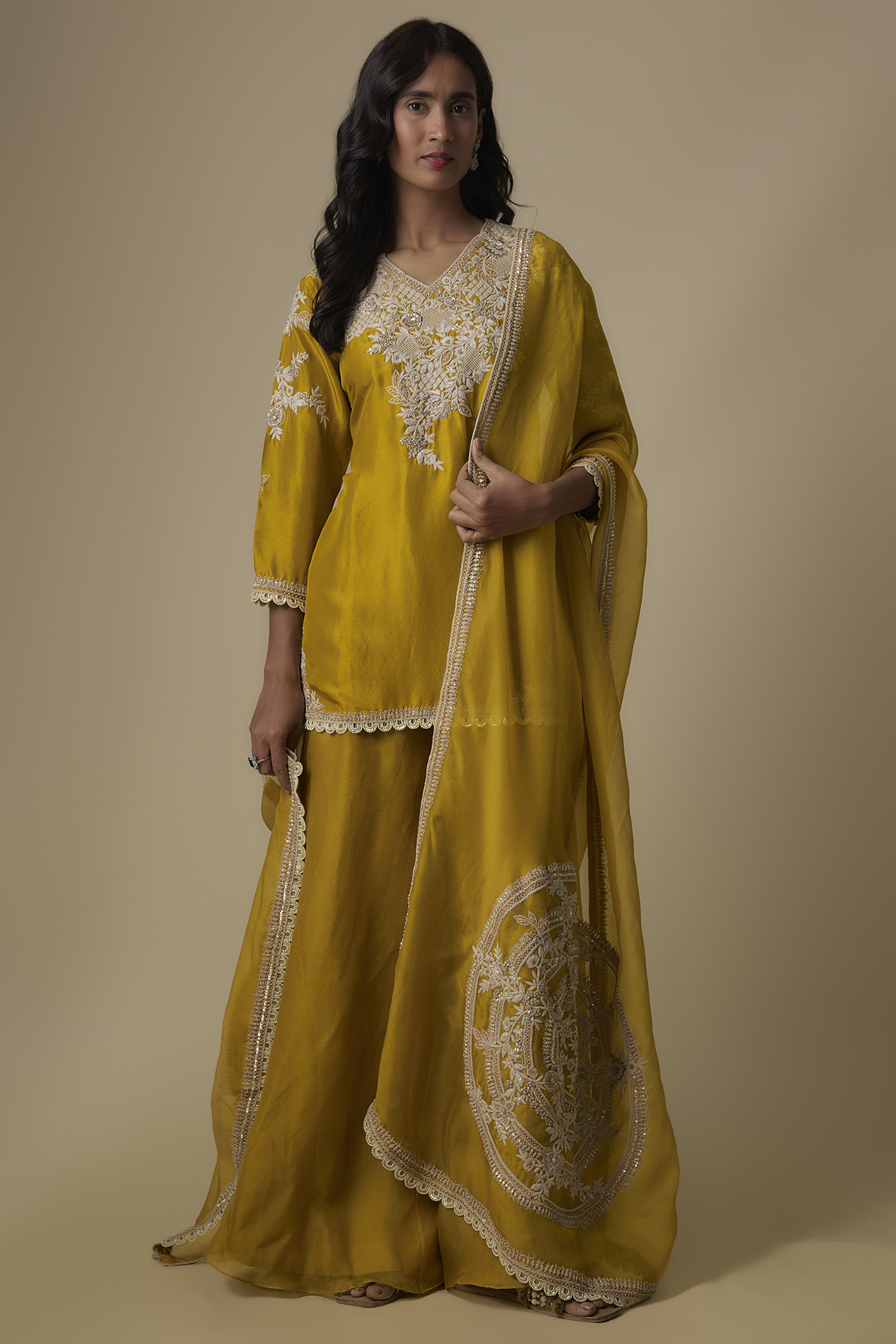 Mustard Silk Dori Embroidered Kurta Set by Prisho at Pernia's Pop Up Shop