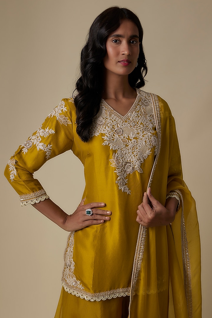 Mustard Silk Dori Embroidered Kurta Set by Prisho at Pernia's Pop Up Shop