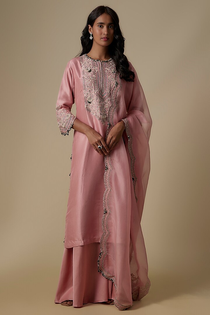 Dark Flamingo Pink Silk Dori Embroidered Kurta Set by Prisho at Pernia's Pop Up Shop
