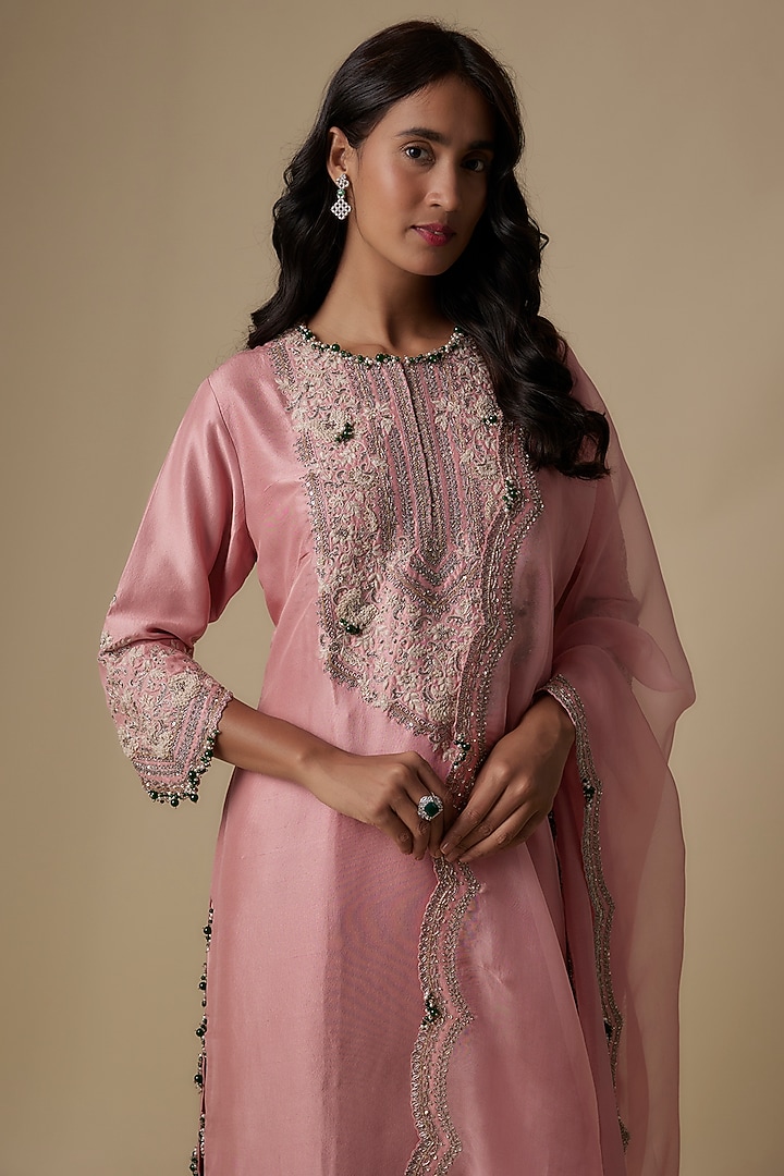 Dark Flamingo Pink Silk Dori Embroidered Kurta Set by Prisho at Pernia's Pop Up Shop