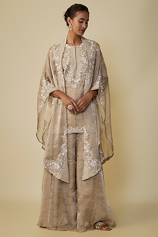 Beige Organza Resham Work Cape Set by Prisho
