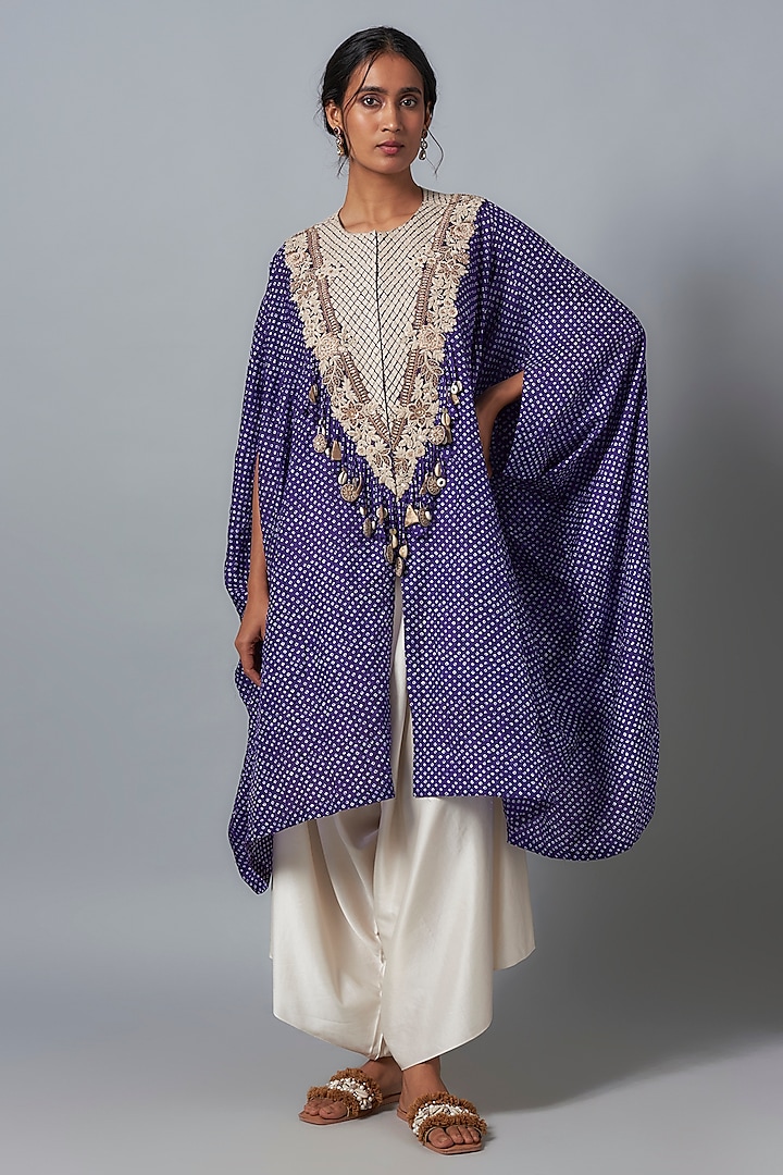 Blue Bandhej Resham Work Kaftan Set by Prisho at Pernia's Pop Up Shop