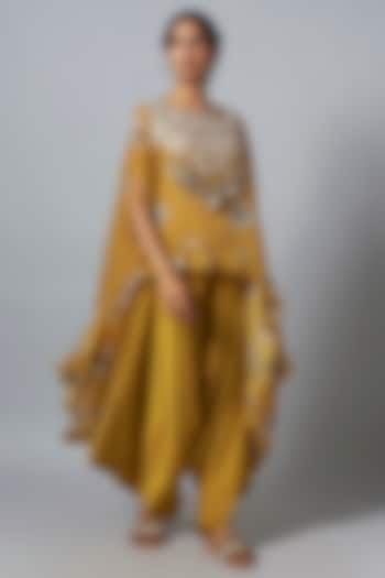 Mustard Silk Ikat Printed & Resham Work Kaftan Set by Prisho at Pernia's Pop Up Shop