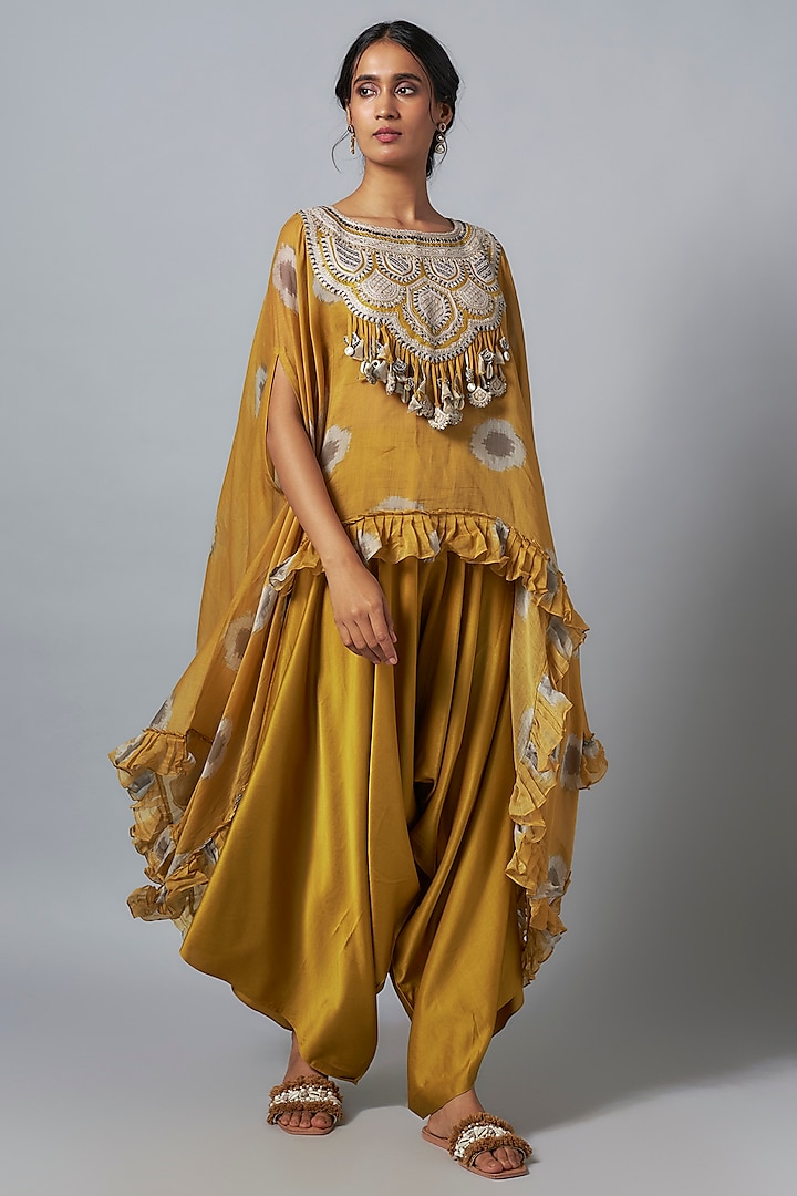 Mustard Silk Ikat Printed & Resham Work Kaftan Set by Prisho at Pernia's Pop Up Shop