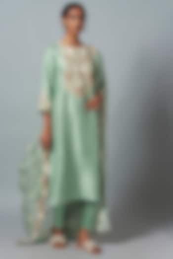 Aqua Silk Resham Work Kurta Set by Prisho at Pernia's Pop Up Shop