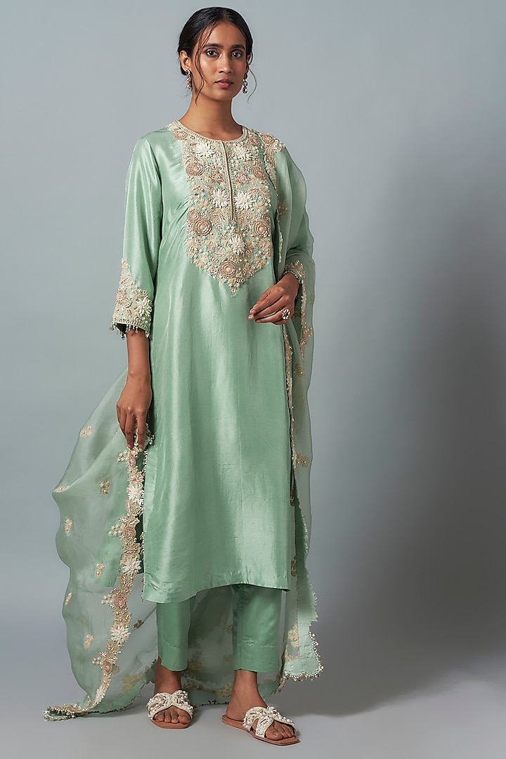 Aqua Silk Resham Work Kurta Set by Prisho at Pernia's Pop Up Shop