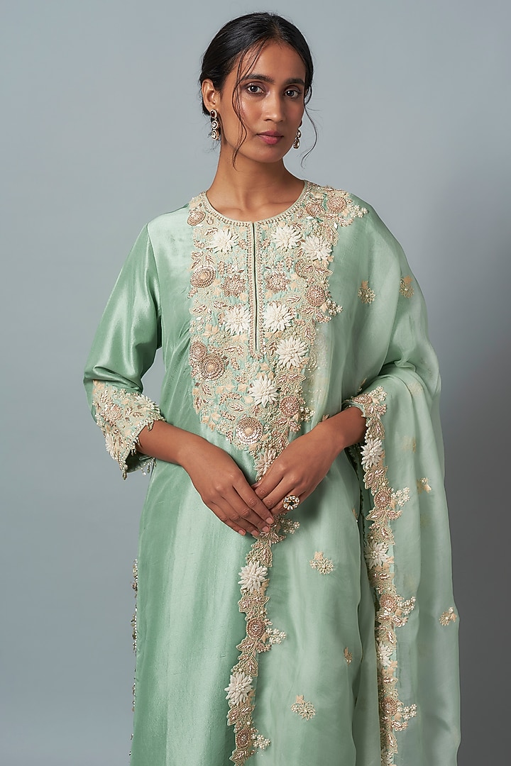 Aqua Silk Resham Work Kurta Set by Prisho at Pernia's Pop Up Shop