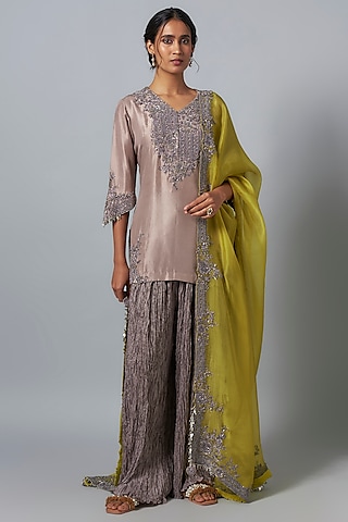 Champagne Silk Crushed Sharara Set by Prisho