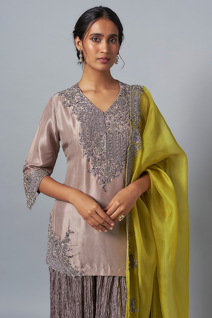 Champagne Silk Crushed Wedding Sharara Set by Prisho at Pernia's Pop Up Shop