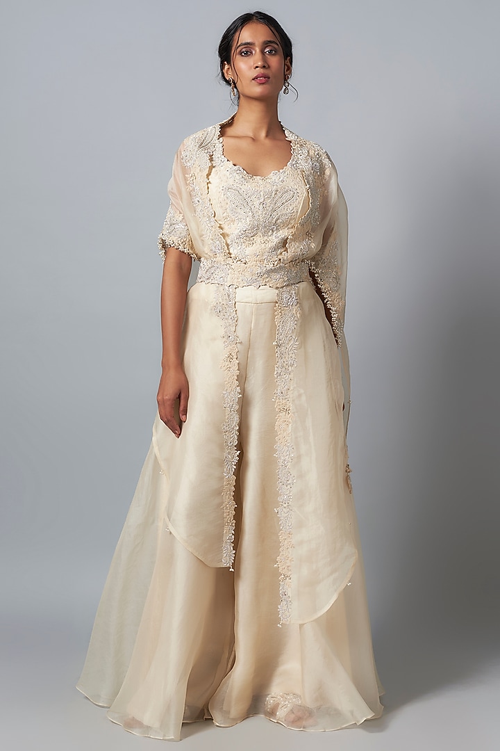 Ivory Organza Resham Work Cape Set by Prisho at Pernia's Pop Up Shop