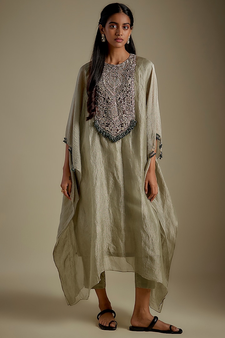 Sage Green Crushed Tissue Maal Work Kaftan Set by Prisho at Pernia's Pop Up Shop