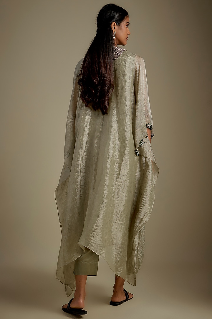 Sage Green Crushed Tissue Maal Work Kaftan Set by Prisho at Pernia's Pop Up Shop