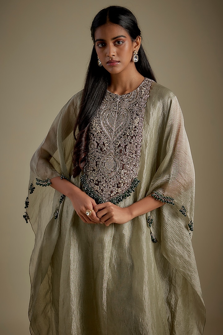 Sage Green Crushed Tissue Maal Work Kaftan Set by Prisho at Pernia's Pop Up Shop