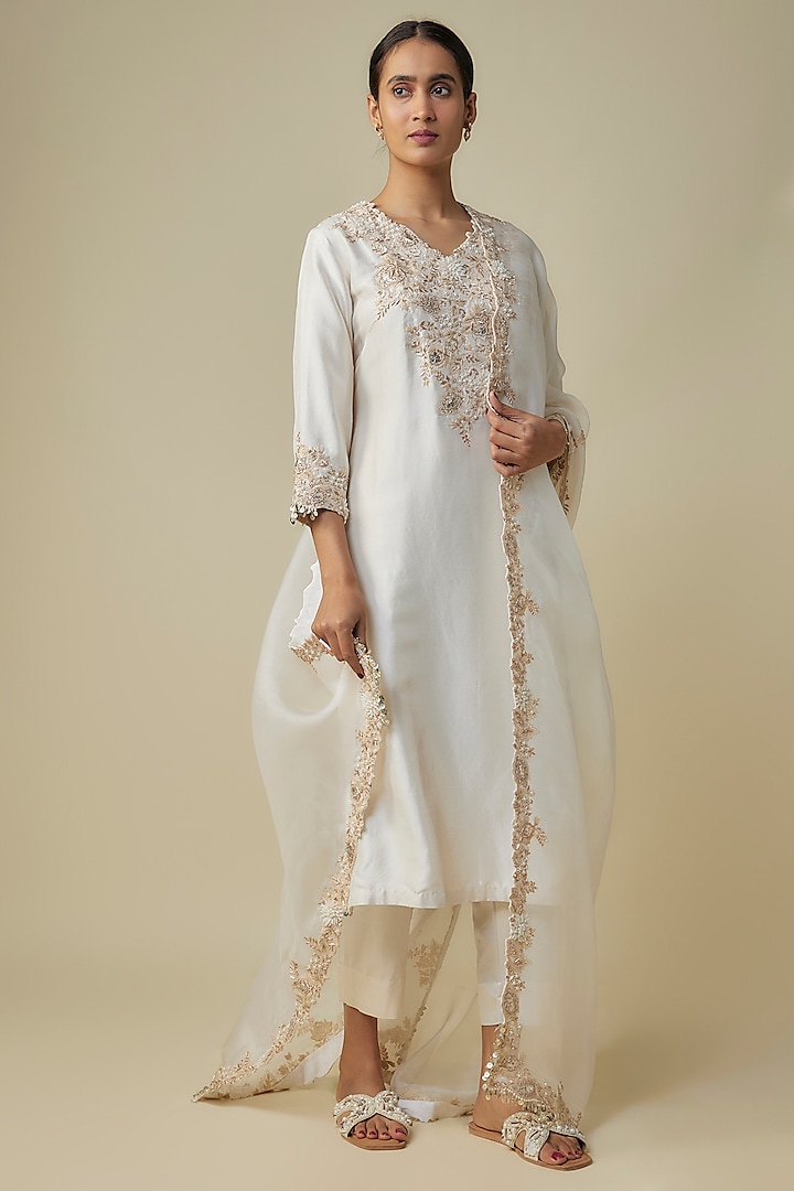 Ivory Silk Resham Work Kurta Set by Prisho at Pernia's Pop Up Shop