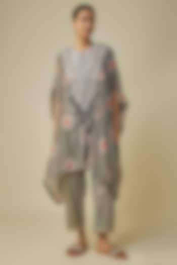 Grey Russian Silk Printed & Resham Work Kaftan Set by Prisho at Pernia's Pop Up Shop