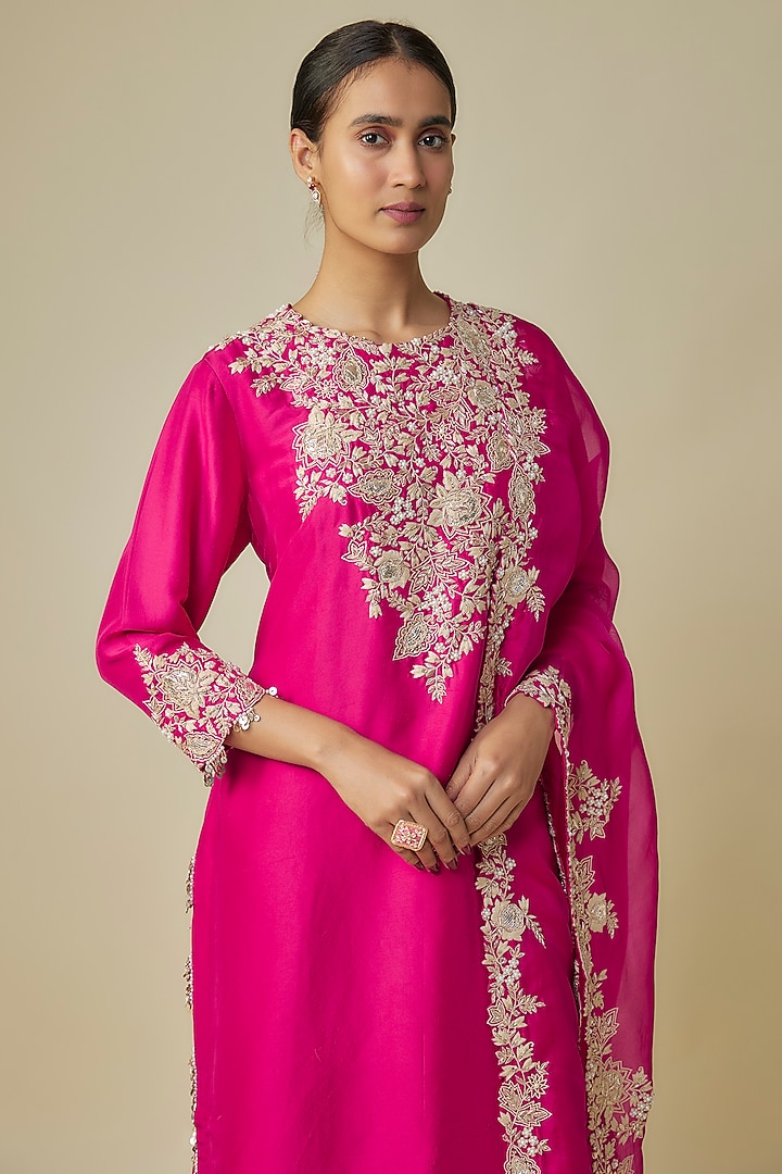 Fuchsia Silk Resham Work Kurta Set by Prisho at Pernia's Pop Up Shop