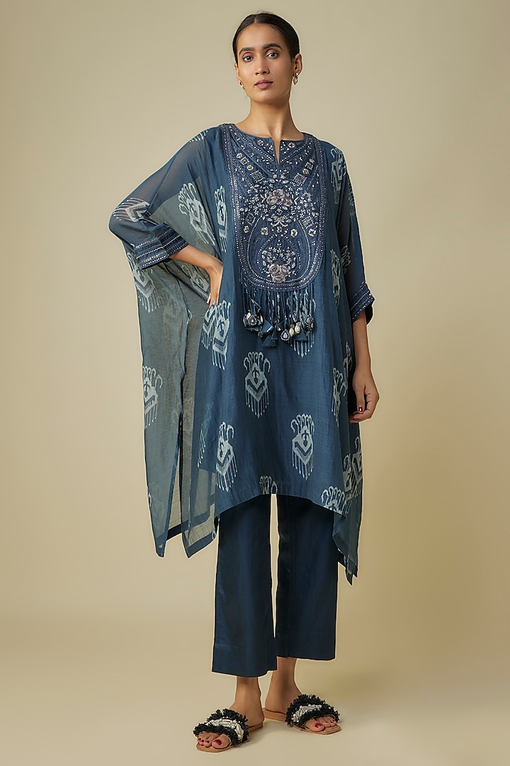 Navy Russian Silk Printed & Resham Work Kaftan Set by Prisho at Pernia's Pop Up Shop