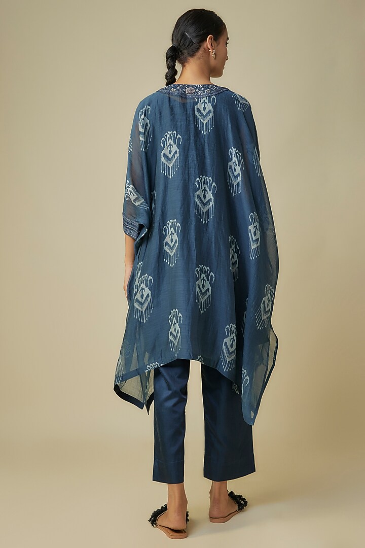 Navy Russian Silk Printed & Resham Work Kaftan Set by Prisho at Pernia's Pop Up Shop