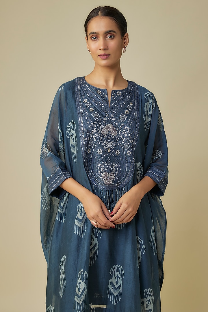 Navy Russian Silk Printed & Resham Work Kaftan Set by Prisho at Pernia's Pop Up Shop