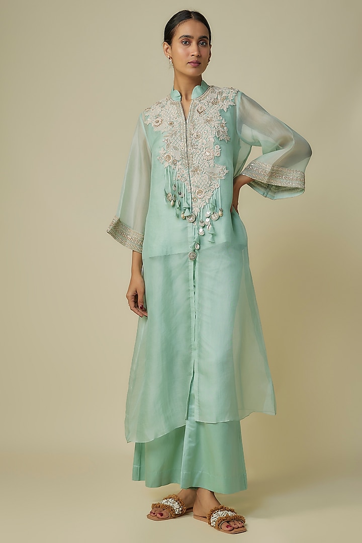 Aqua Organza & Russian Silk Resham Work Jacket Set by Prisho at Pernia's Pop Up Shop