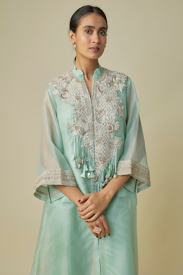 Aqua Organza & Russian Silk Resham Work Jacket Set by Prisho at Pernia's Pop Up Shop