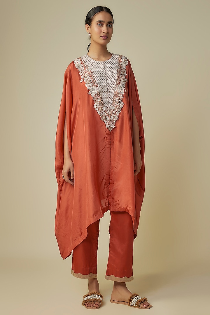 Deep Orange Habutai Silk Resham Work Kaftan Set by Prisho at Pernia's Pop Up Shop