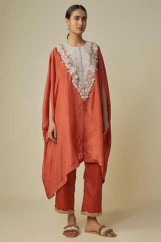 Deep Orange Habutai Silk Resham Work Kaftan Set by Prisho