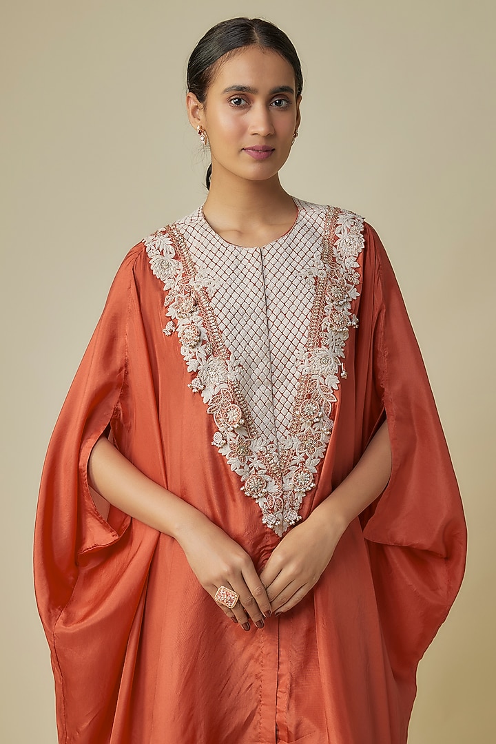 Deep Orange Habutai Silk Resham Work Kaftan Set by Prisho at Pernia's Pop Up Shop