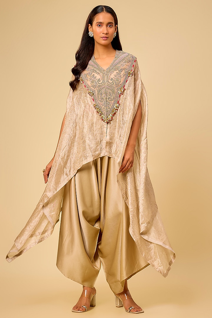 Champagne Tissue Dori Work Kaftan Set by Prisho at Pernia's Pop Up Shop