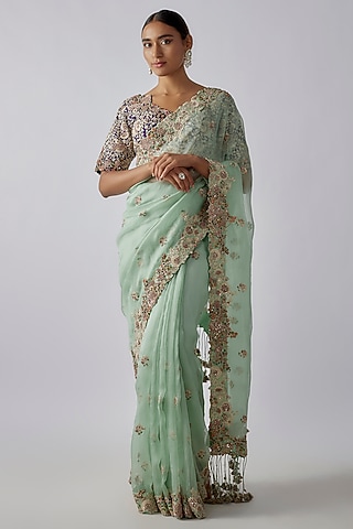 Blue Organza Resham Work Saree Set by Prisho
