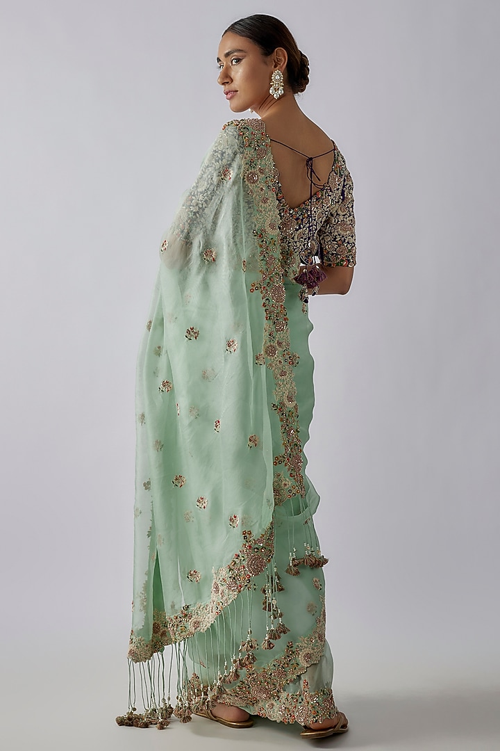 Blue Organza Resham Work Reception Saree Set by Prisho at Pernia's Pop Up Shop