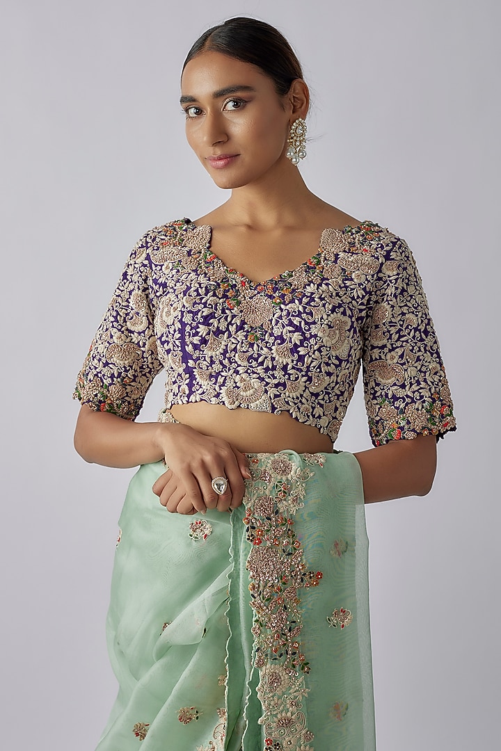Blue Organza Resham Work Reception Saree Set by Prisho at Pernia's Pop Up Shop