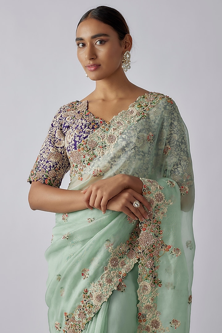Blue Organza Resham Work Reception Saree Set by Prisho at Pernia's Pop Up Shop