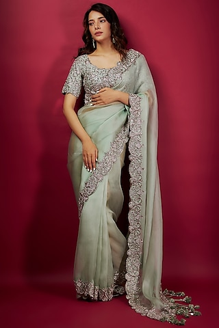 Aqua Organza Maal Work Saree Set by Prisho