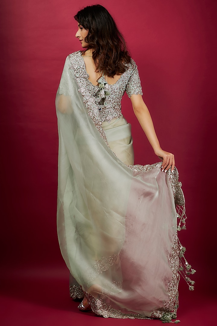 Aqua Organza Maal Work Reception Saree Set by Prisho at Pernia's Pop Up Shop