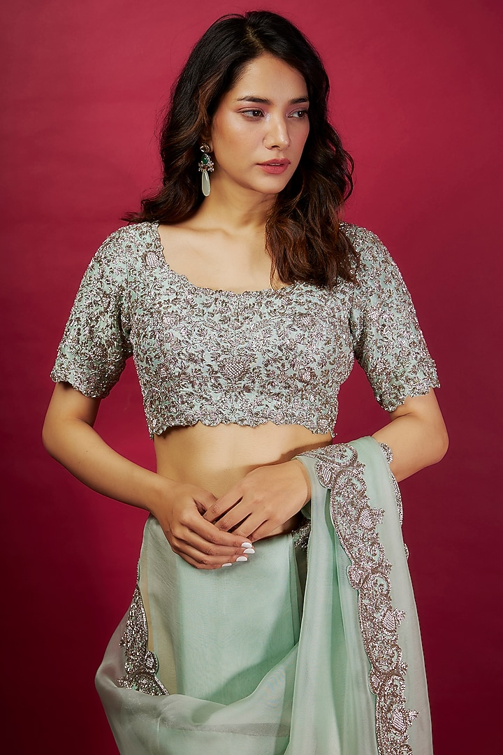 Aqua Organza Maal Work Reception Saree Set by Prisho at Pernia's Pop Up Shop