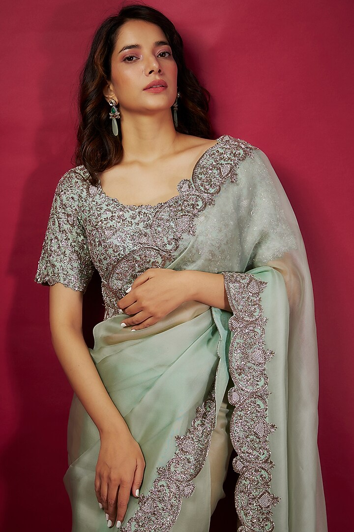 Aqua Organza Maal Work Reception Saree Set by Prisho at Pernia's Pop Up Shop