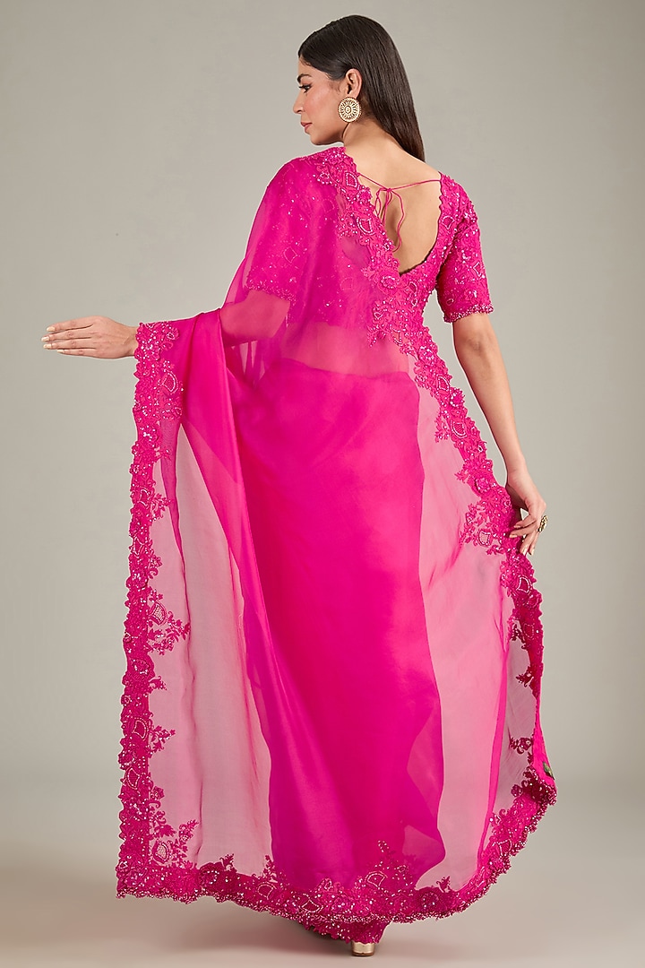 Fuchsia Organza Resham Embroidered Reception Saree Set by Prisho at Pernia's Pop Up Shop