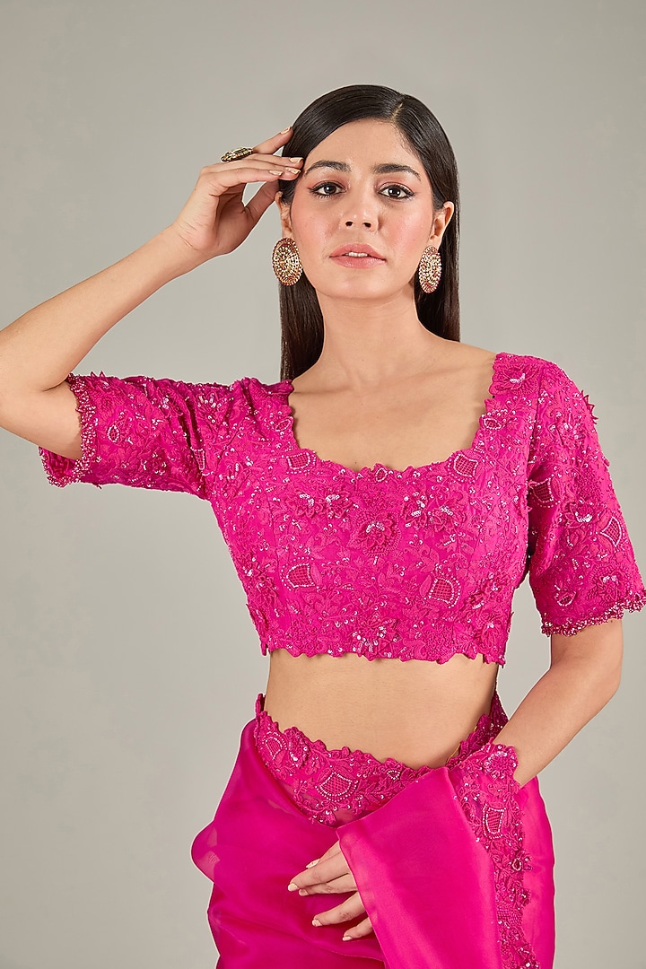 Fuchsia Organza Resham Embroidered Reception Saree Set by Prisho at Pernia's Pop Up Shop