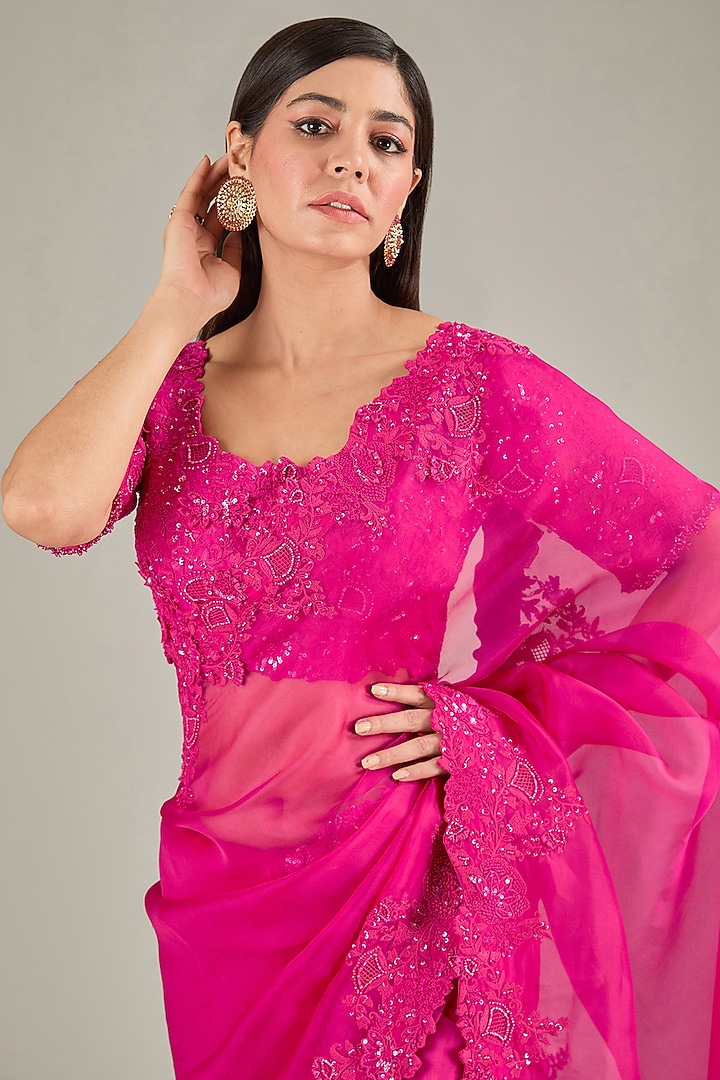 Fuchsia Organza Resham Embroidered Reception Saree Set by Prisho at Pernia's Pop Up Shop