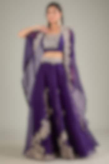 Dark Purple Organza Zari Embroidered Skirt Set by Prisho at Pernia's Pop Up Shop