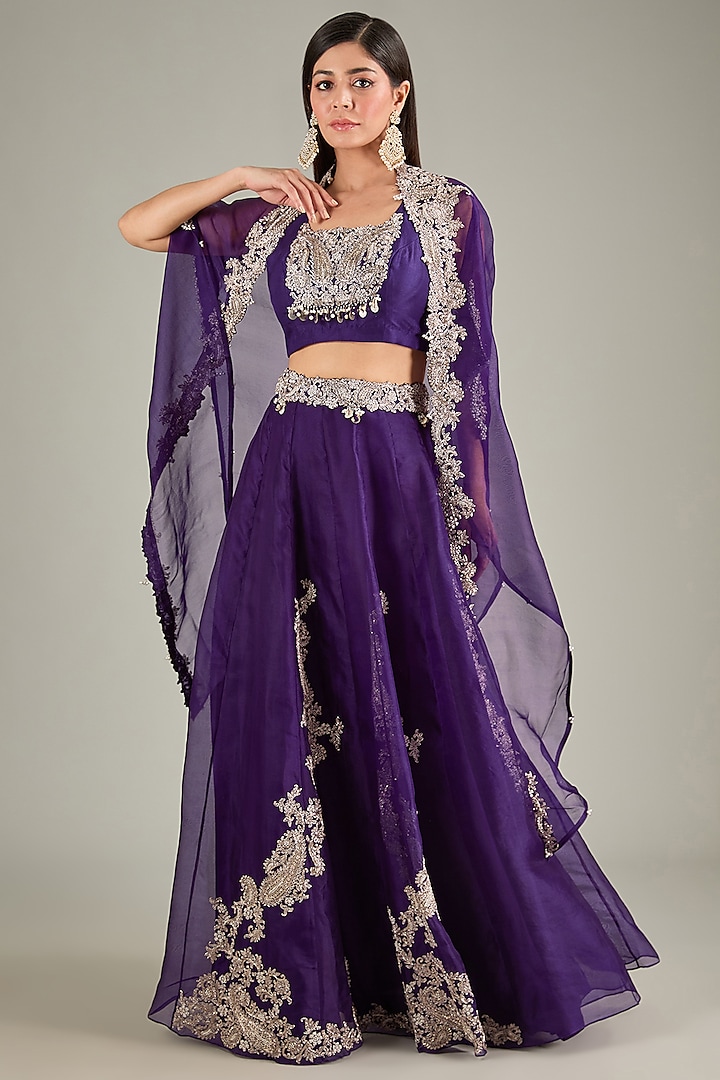 Dark Purple Organza Zari Embroidered Skirt Set by Prisho at Pernia's Pop Up Shop